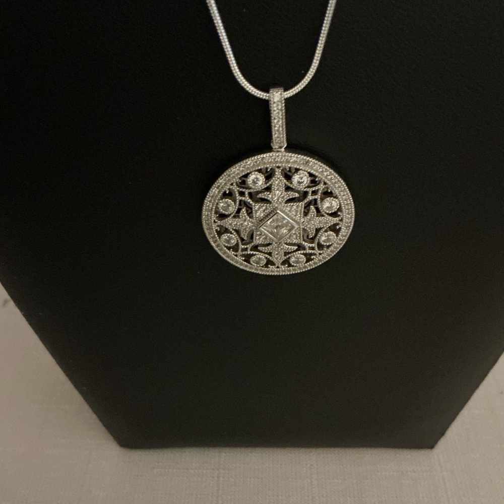 Clear Rhinestone Open Work Silver Tone Pendant Necklace